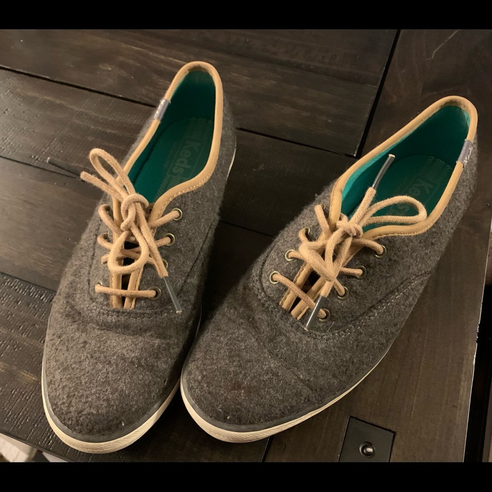Dark gray wool Keds with light brown laces. Size 7.5. Worn only a few times. OBO